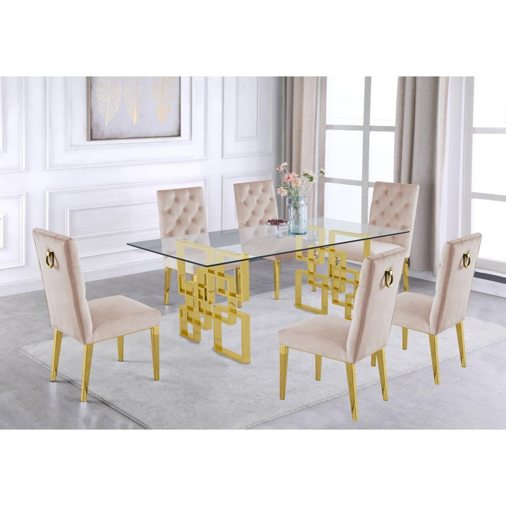 Piece Dining Set with Rectangular Clear Glass Top and Gold