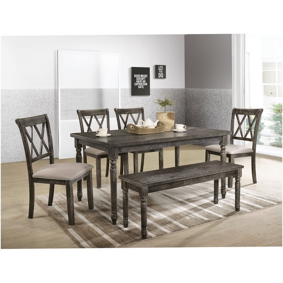 7-Piece Dining Set with Table and Chairs, Weathered Gray Finish, Synthetic Wood for Modern and Traditional Dining Rooms