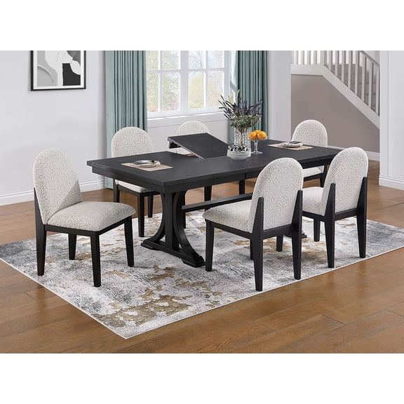 7-Piece Dining Set with Trestle Base Table and 6 Fabric Side Chairs, Extendable Butterfly Leaf for 6-8 Seats, White and Black/Charcoal