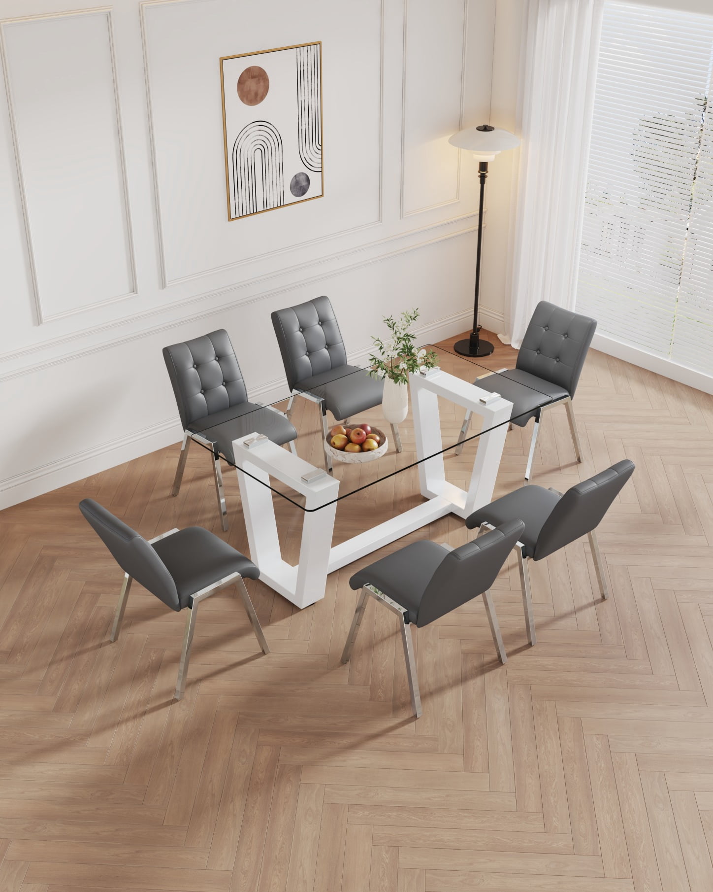 7 Piece Dining Table and Chair Set, Tempered Glass Table and 6 High ...