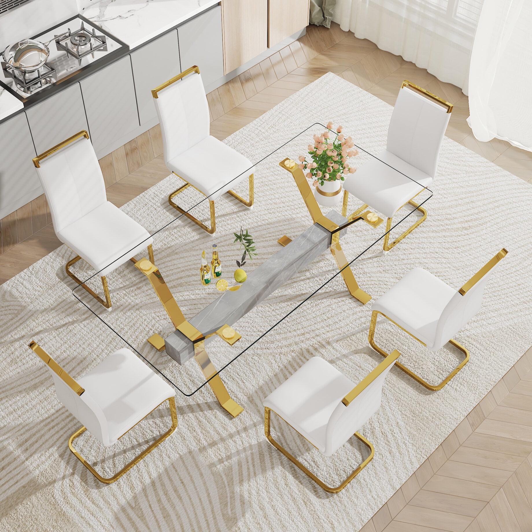7 Piece Dining Table and Chair Set, Tempered Glass Table and 6 Kitchen ...