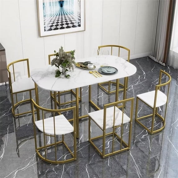 7-Piece Dining Table and Chairs Set for 6, 55 Inch Faux Marble Dining Room Table Set with 6 Chairs, Compact Kitchen Table Set Breakfast Nook Set for Living Room Small Space, Golden+White