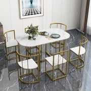 7-Piece Dining Table Set for 4-6, Modern Kitchen Table Chairs Set of 6, 55  Rectangular Metal Dining Table with 6 Chairs, Space-Saving Metal Dining Table Set for Dining Room, Kitchen, Golden+White