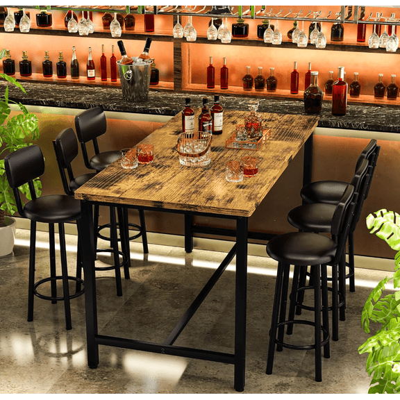 MOOSENG 7-Piece Dining Table Set | 50" Brown Bar Table Set of MDF & Metal Frame with 6 PU Leather Chairs | Saving Space Table Set for Bar, Kitchen