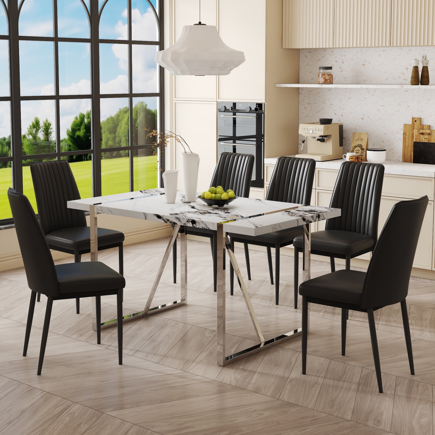7-Piece Dining Table Set with 55-Inch Faux Marble Table & 6 PU Leather ...