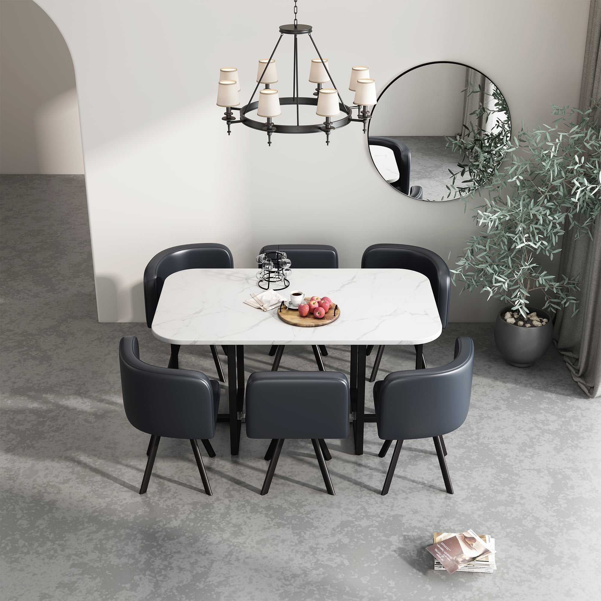 7-Piece Dining Table Set, 59" Rectangular Faux Marble Table & 6 PU Chairs with Metal Legs, Space ...