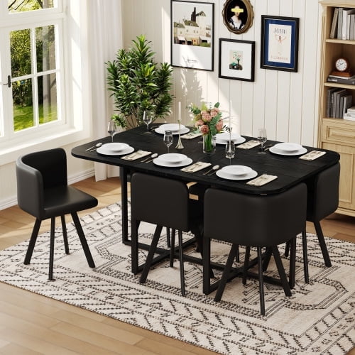 7 Piece Dining Table Set for 6, 59" Black Rectangle Dining Table with 6 Black PU Leather Upholstered dining chairs, Space Saving Kitchen Table and Chairs for Kitchen, Living Room