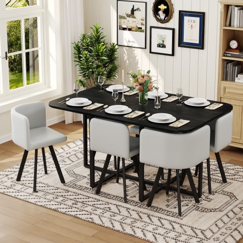 7 Piece Dining Table Set for 6, 59" Black Rectangle Dining Table with 6 Gray PU Leather Upholstered dining chairs, Space Saving Kitchen Table and Chairs for Kitchen, Living Room