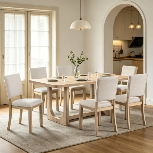 7-Piece Dining Table Set for 6, 68-Inch Rectangular Kitchen Table with 6 H Chairs, Wood Dining Room Furniture Set with Sturdy U-Shaped Frame for Family, Apartment, Dining Room, Light Oak