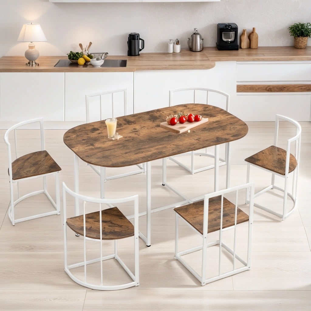 7-Piece Dining Table Set with 6 Stools, Industrial Compact