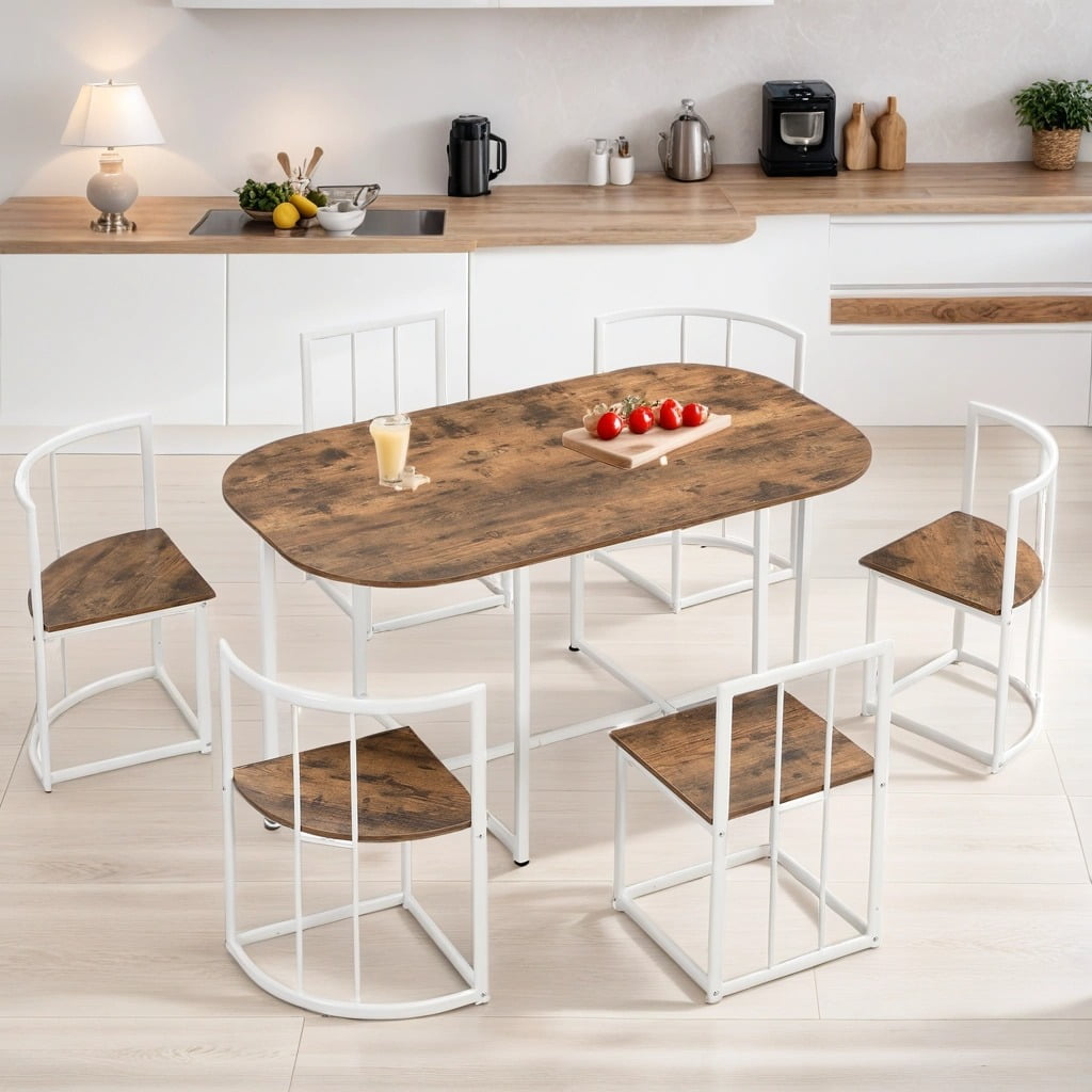 7 Piece Dining Table Set with 6 Stools Industrial Compact Kitchen Table Chairs Sets Space Saving Design for Apartment Small Space Breakfast Nook