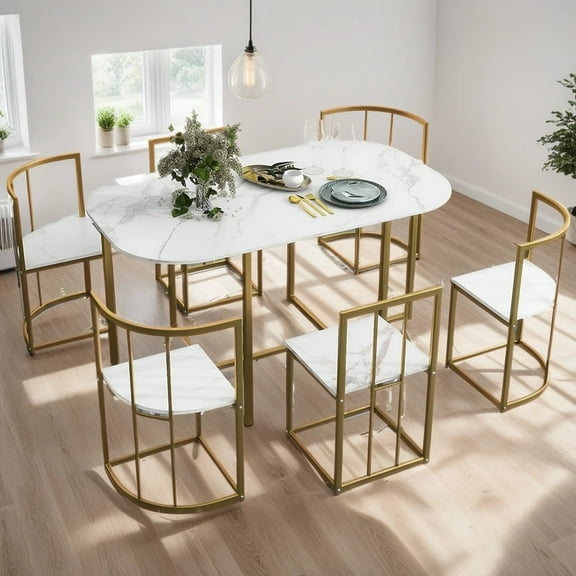 7-Piece Dining Table Set with 6Stools - Industrial Compact Kitchen Table & Chairs Sets, Space-Saving Design for Apartment, Small Space, Breakfast Nook