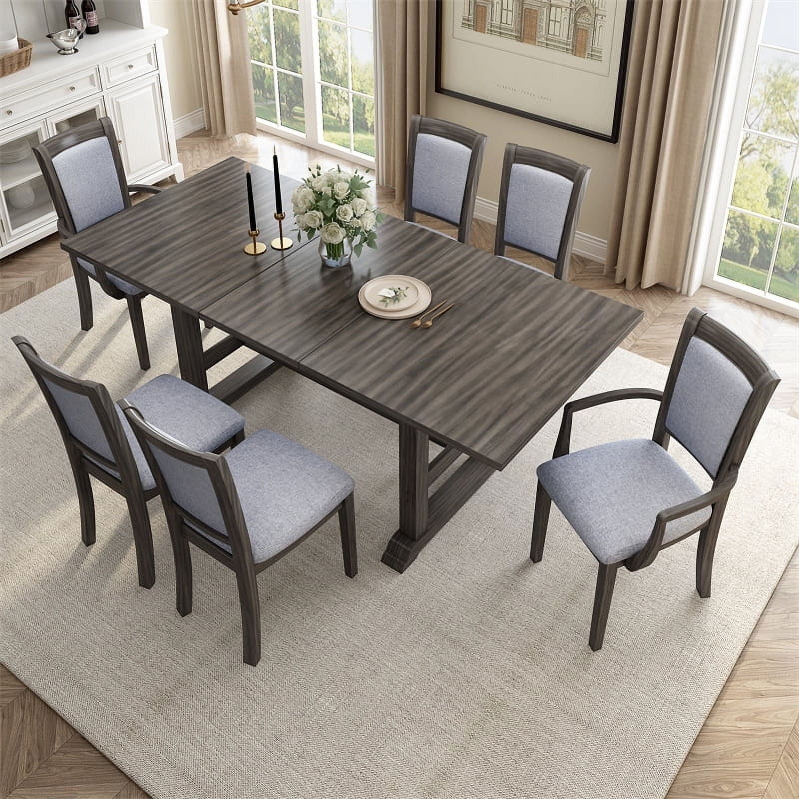 7-Piece Dining Table Set, 76.9inch Rectangular Extendable Wooden Dining ...