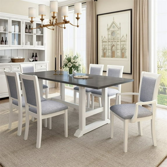 7-Piece Dining Table Set, 76.9inch Rectangular Extendable Wooden Dining Table with 17.7'' Removable Leaf, 4 Upholstered Side Chair and 2 Arm Chairs, Kitchen Table Set for 6