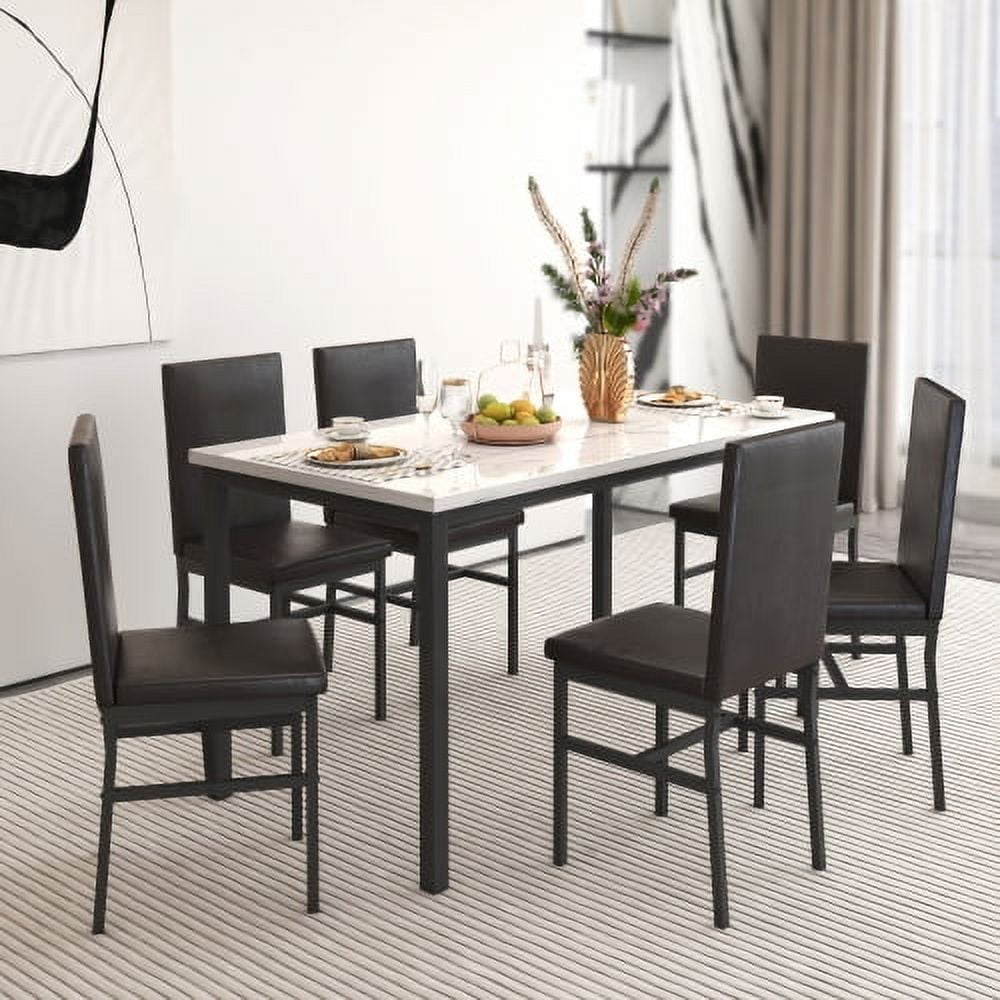 7-Piece Dining Table Set, with Faux Marble Tabletop and 6 Faux Leather ...