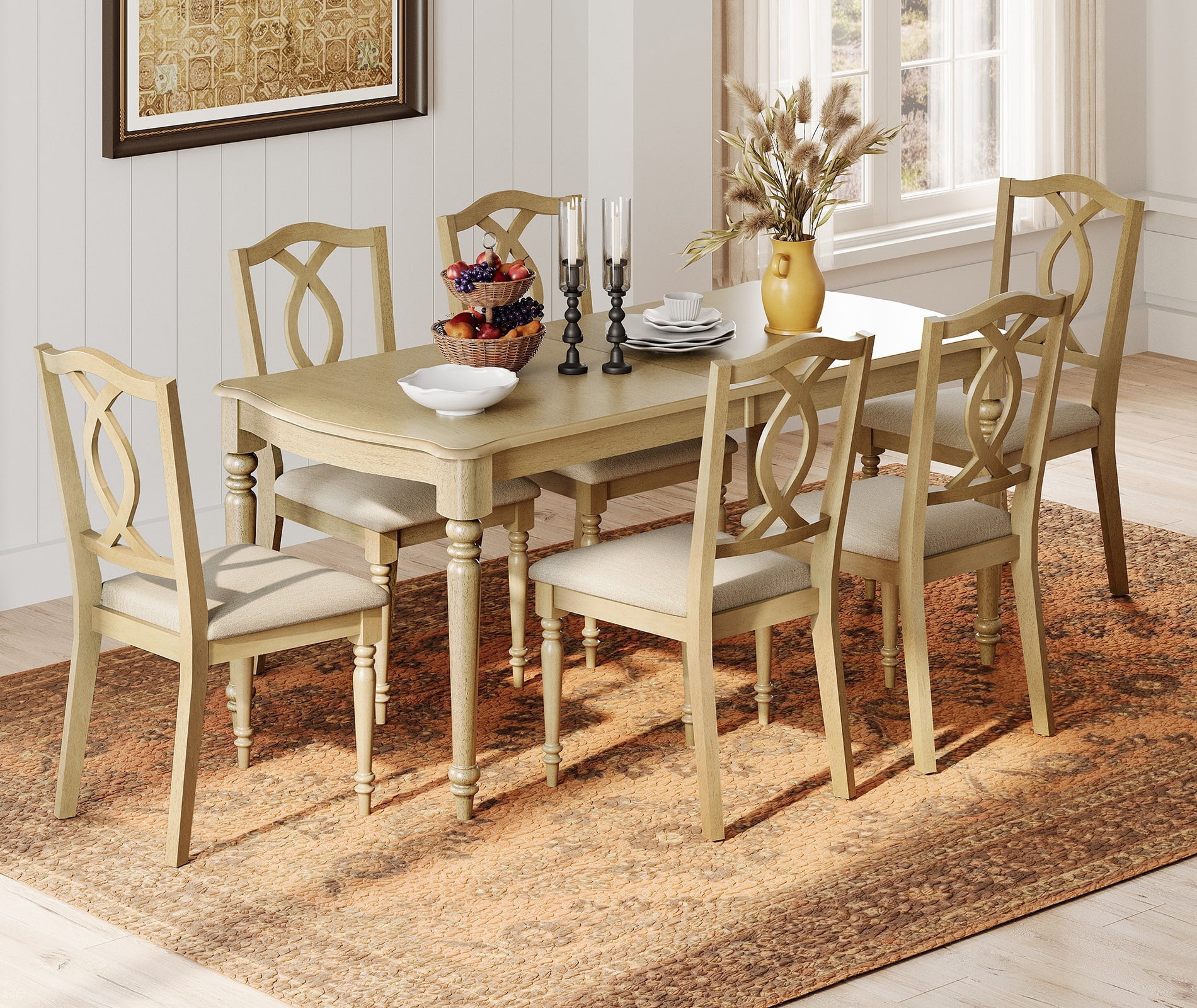 7 Piece Dining Table Set - Includes One Dining Table, 6 Wood Dining Chairs, Farmhouse Dining Set, Oak