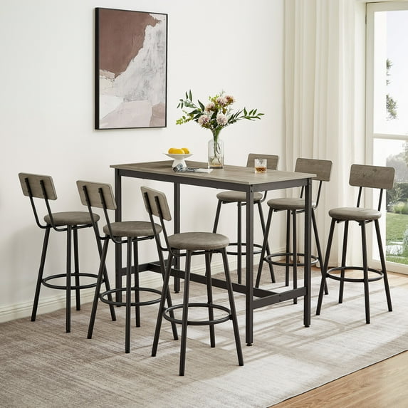 7 Piece Dining Table Set, Kitchen Table Set with 6 PU Dining Chairs for 6, Rectangular Dining Room Table Set with 6 Backrest Chairs, Dining Table Set for Small Space Living Room Apartment Studio, Grey