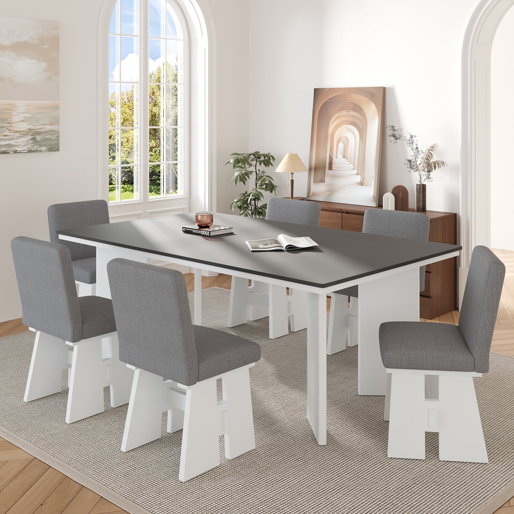 7 Piece Dining Table Set, Kitchen Table Chairs for 6 with Upholstered ...