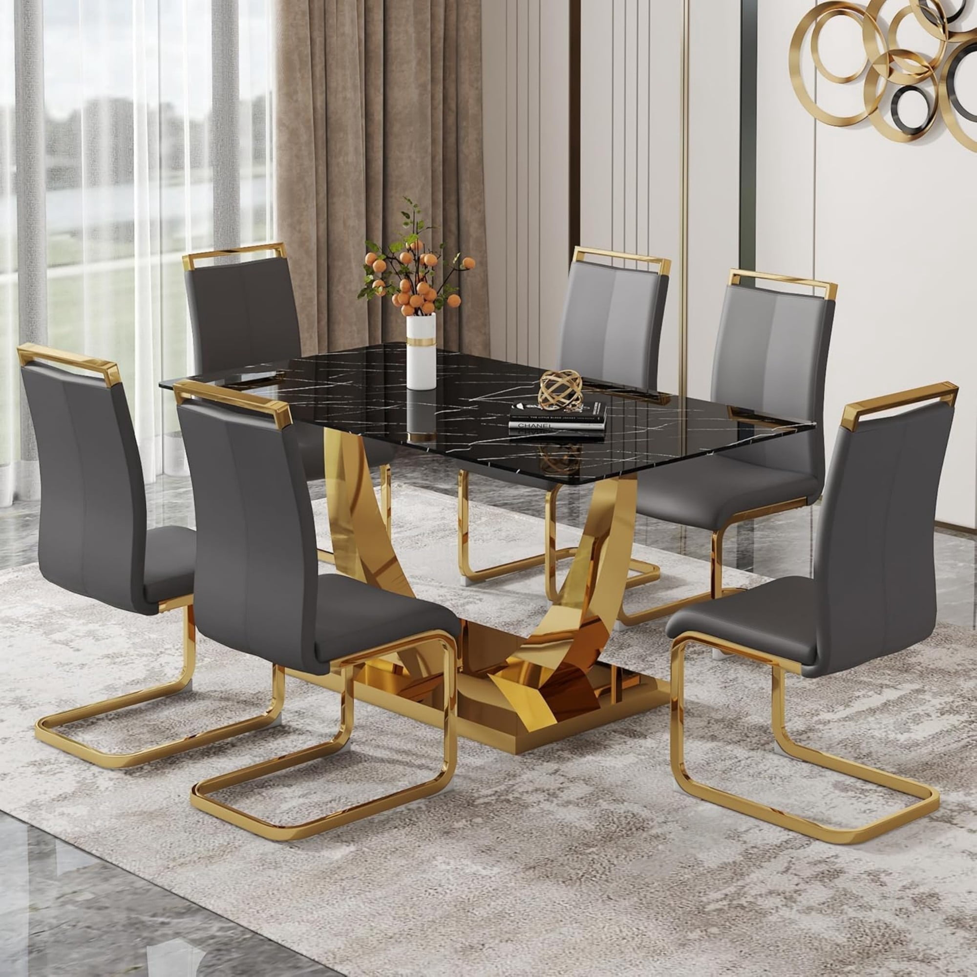SUDICA 7-Piece Modern Dining Table Set, 63 inch Black Glass Table with ...