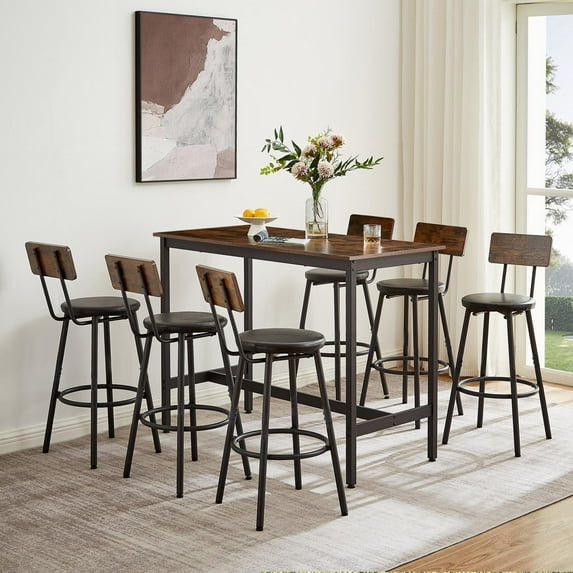 7-Piece Dining Table Set for 4-6, 47" Kitchen Table Set with 6 Stools, Modern Dining Room Table for Bar,Dining Room,Rustic Brown