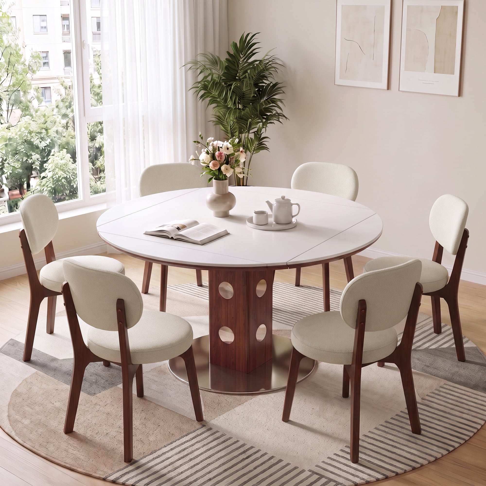 7 Piece Dining Table Set for 6, 47.2" Round Sintered Stone Table with Drop Leaf and 6 Upholstered Chairs