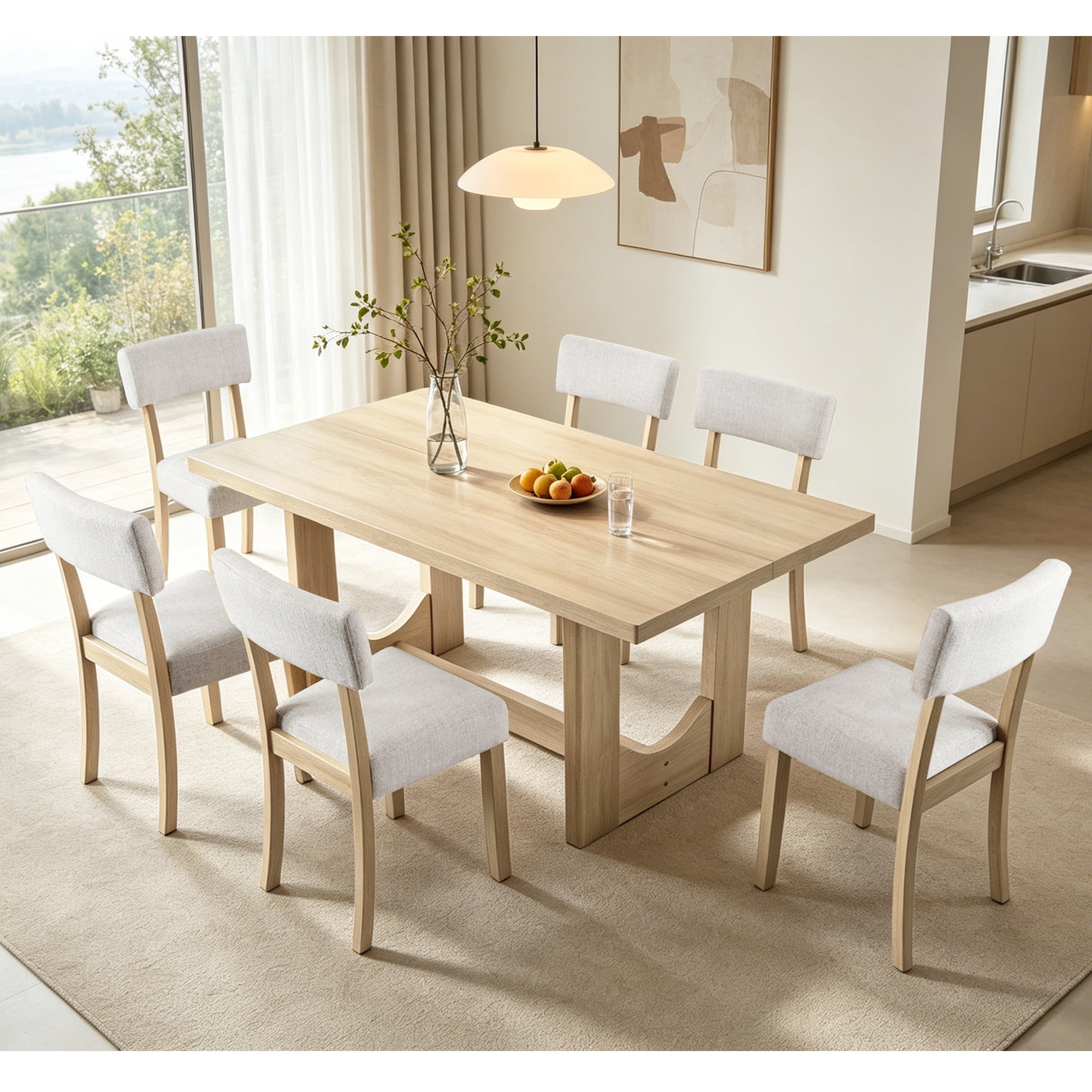 7-Piece Dining Table Set for 6, 57" Large Rectangular Table with 6 Linen Upholstered Chairs