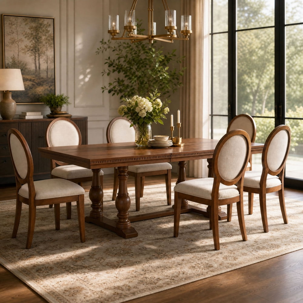 7-Piece Dining Table Set for 6, 58"-76" Extendable Dining Table with 6 Oval-Back Upholstered Chairs
