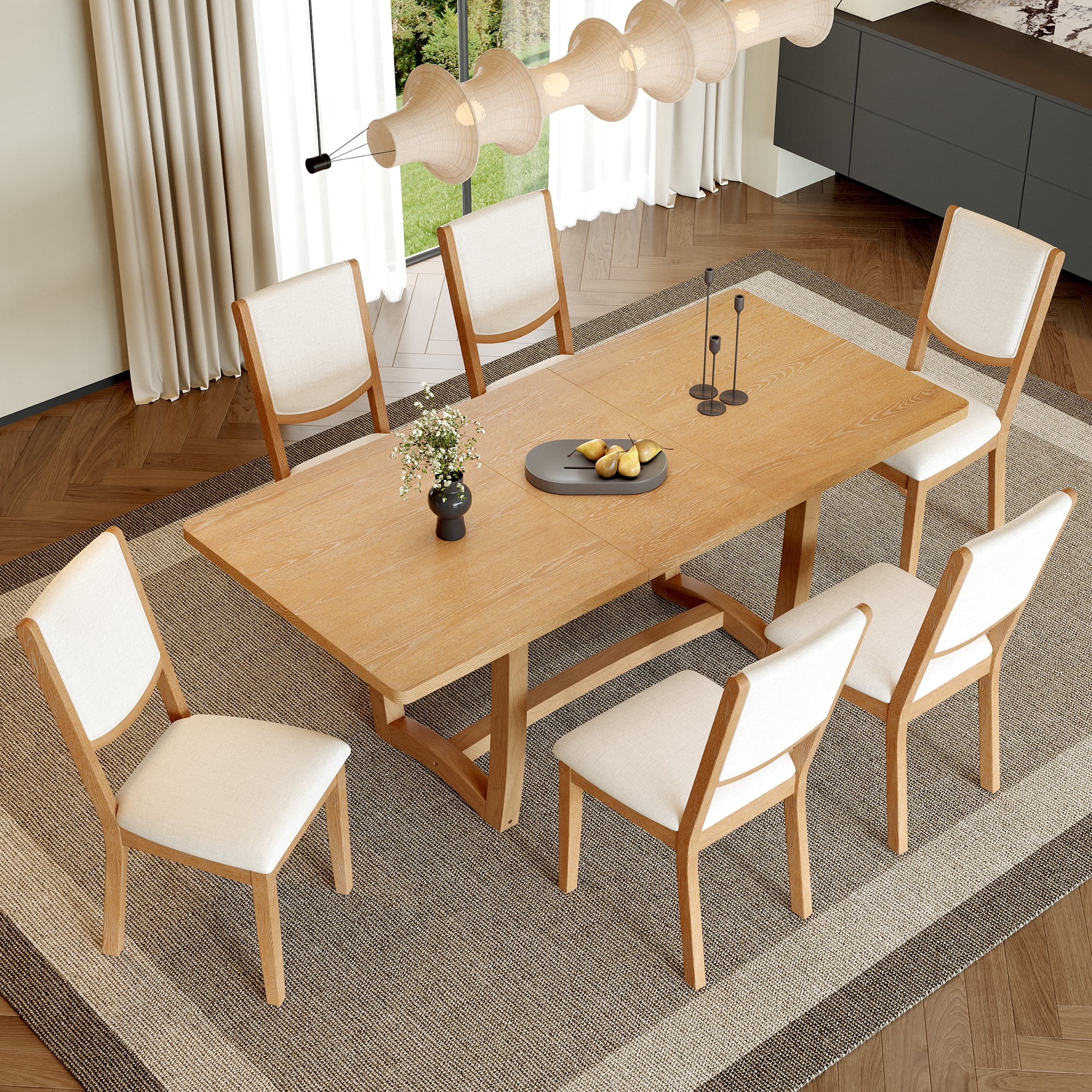 7-Piece Dining Table Set for 6, 60"-78" Rectangular Extendable Table with 6 Upholstered Chairs