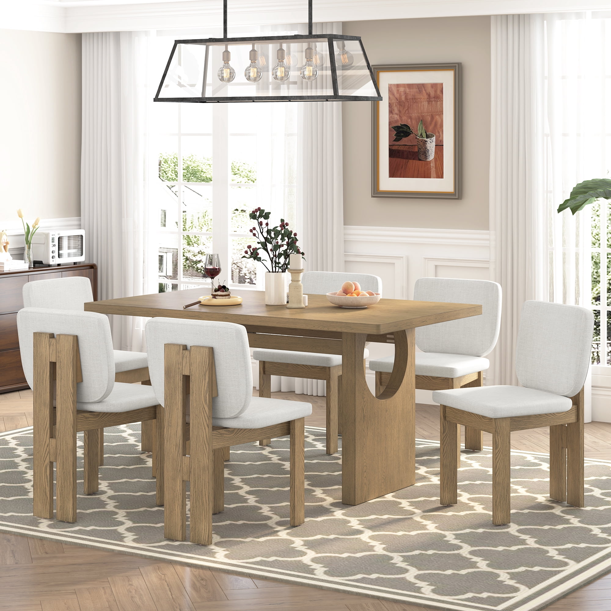 7-Piece Dining Table Set for 6, 60" Rectangular Dining Table with 6 Upholstered Chairs