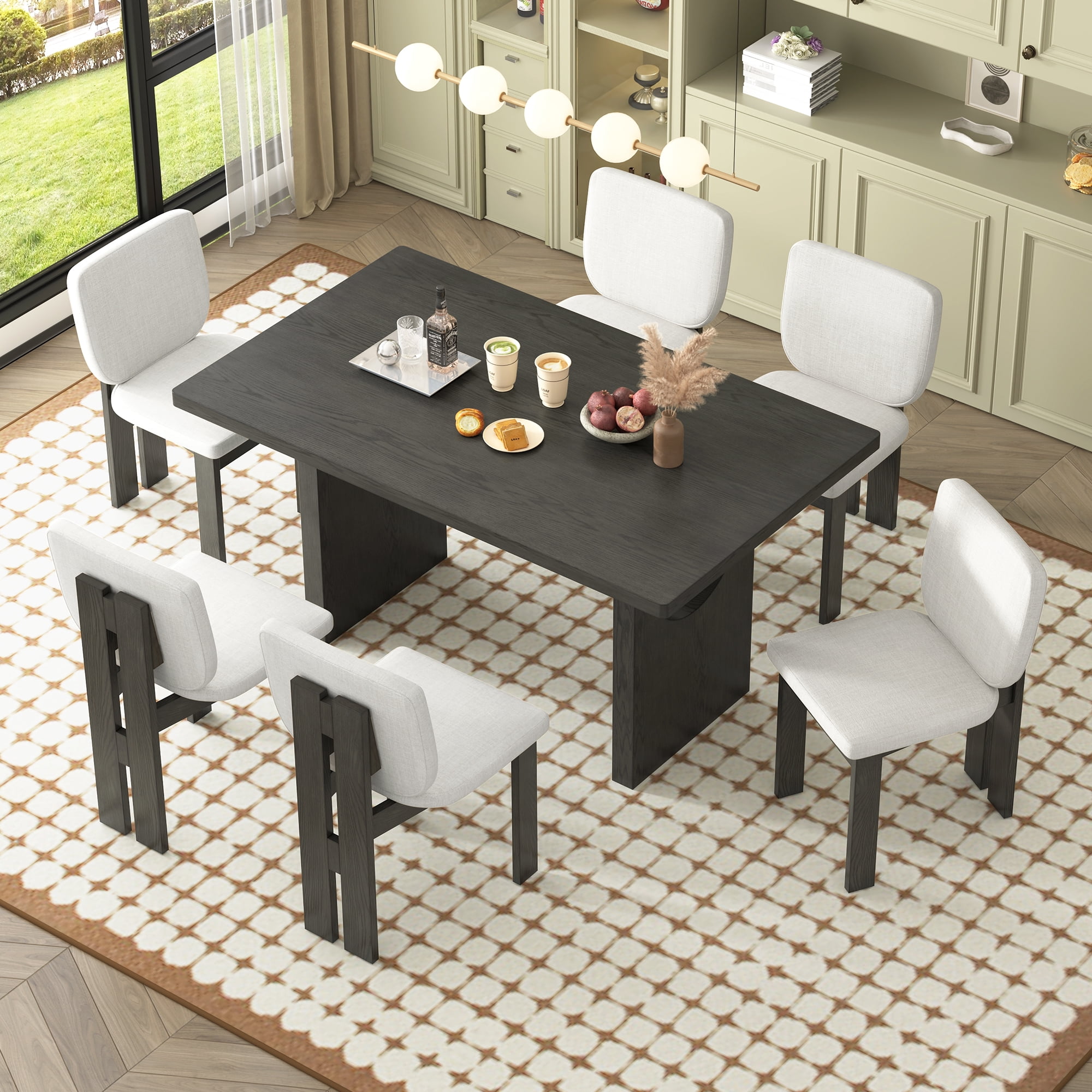 7-Piece Dining Table Set for 6, 60" Rectangular Dining Table with 6 Upholstered Chairs