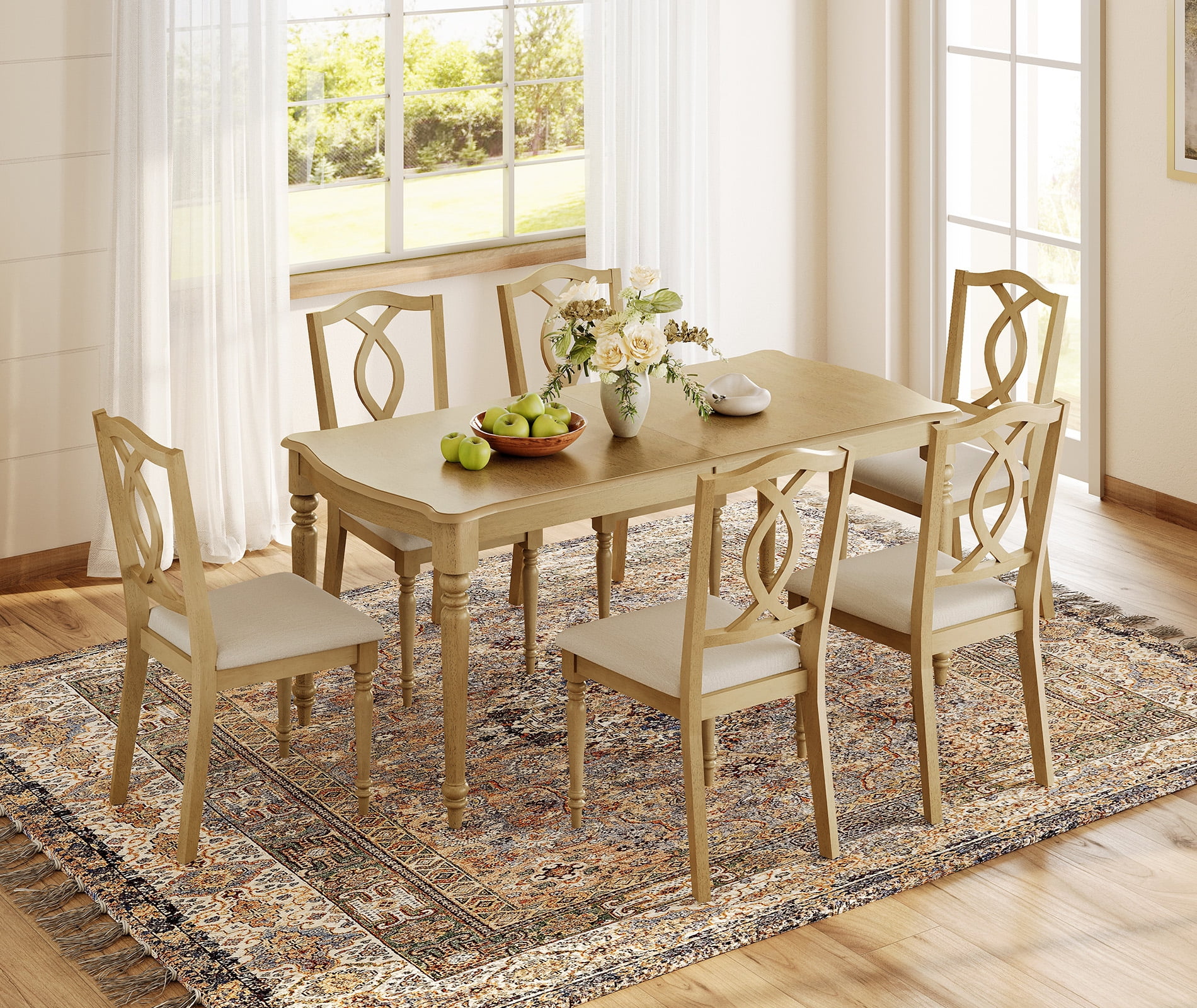 7 Piece Dining Table Set for 6-8 People - Includes One Dining Table, 6 Cross Back Dining Chairs, Rustic Dining Set for Kitchen, Oak
