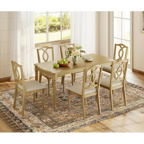 7 Piece Dining Table Set for 6-8 People - Includes One Dining Table, 6 Cross Back Dining Chairs, Rustic Dining Set for Kitchen, Oak