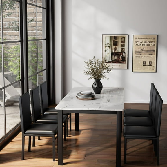 7 Piece Dining Table Set for 6, Marble Kitchen Table & PU Leather Chairs, Faux Marble Small Space Dining Table, White+Black, Dining Room