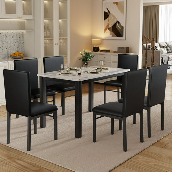 7 Piece Dining Table Set for 6, Marble Kitchen Table & PU Leather Chairs, Faux Marble Small Space Dining Table, White+Black, Living/Dining Room