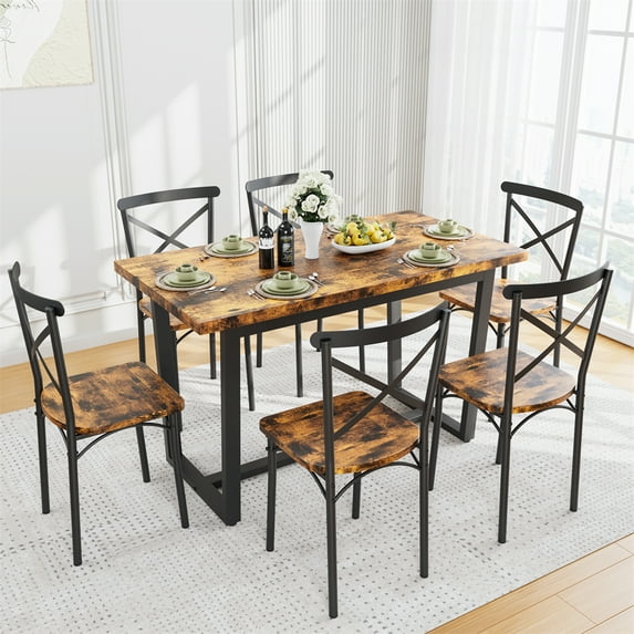 7 Piece Dining Table Set for 6 People, Farmhouse Rustic Kitchen Table Set with 6 Chairs for Kitchen, Dining Room, Living Room