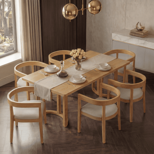 7-Piece Dining Table Set for 6 with Rectangular Table and Upholstered Barrel-Back Chairs, Modern Farmhouse Kitchen Dining Room Furniture, Natural