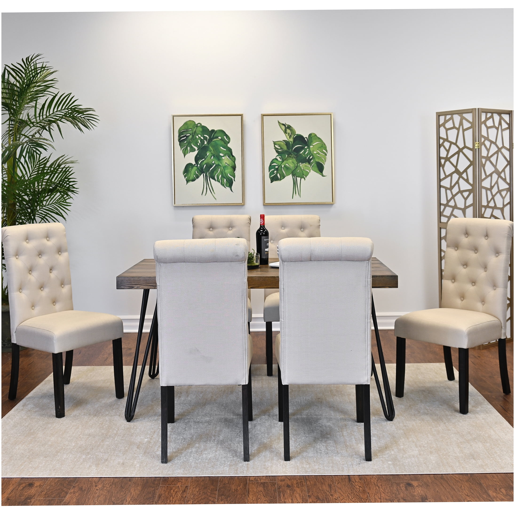 7-Piece Dining Table Set with 6 Upholstered Chairs, Brown Hairpin Leg ...
