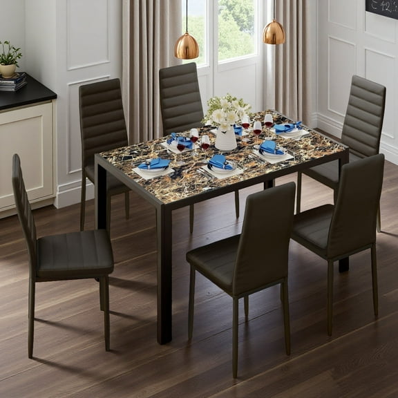 7 Piece Dining Table Set with High Back PU Leather Chairs & Marble table for Small Space,Kitchen,Dining Room,Marbling