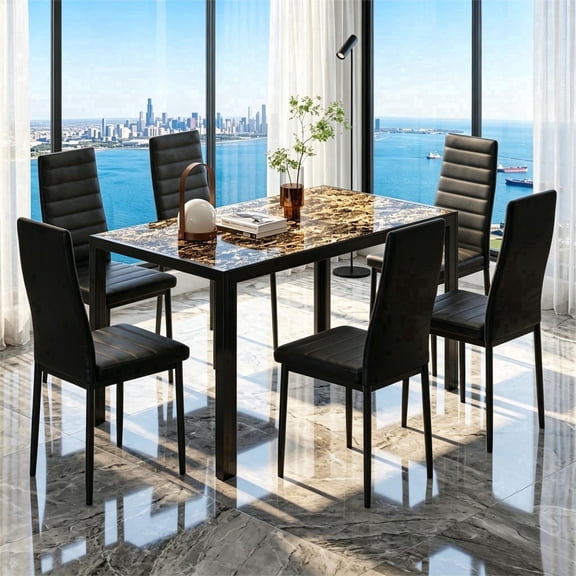 7-Piece Dining Table Set, Modern Kitchen Table with High-Back PU Leather Chairs & Marbling Tabletop for Small Space