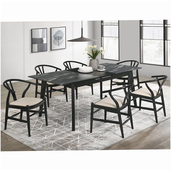 7-Piece Dining Table and Chairs Set, Black Expandable Table with Marble ...