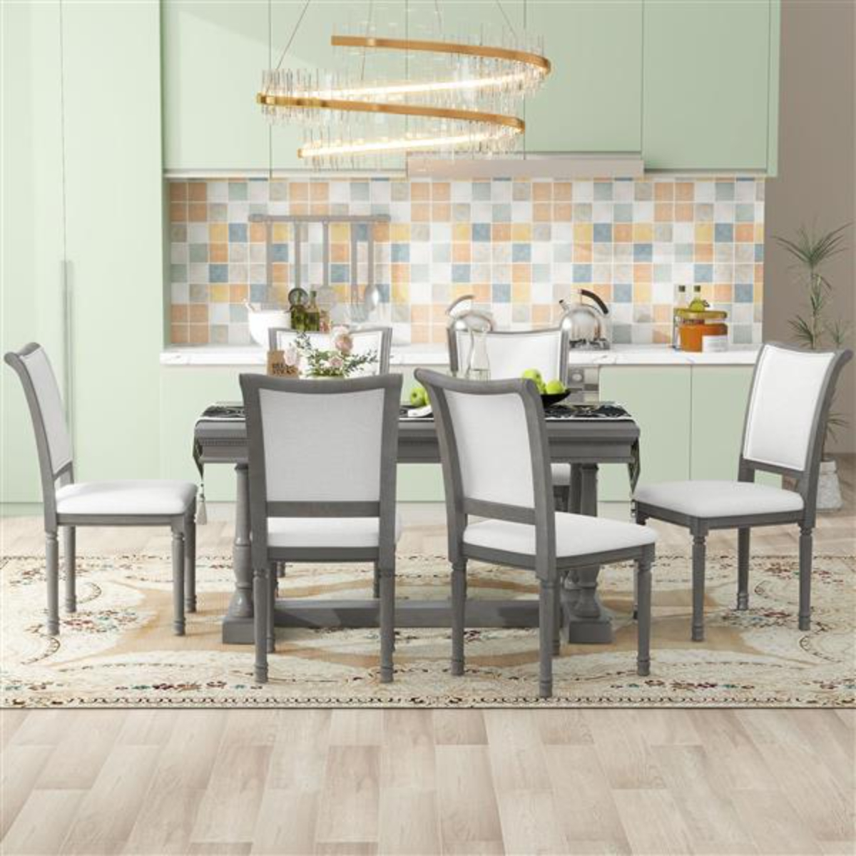 7Piece Dining Table with 4 Trestle Base and 6 Upholstered Chairs with