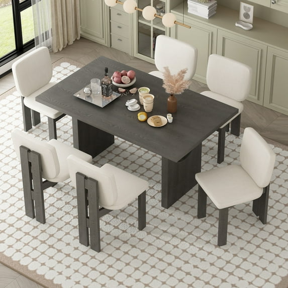 7-Piece Dining Tables Set for 6, Retro Kitchen Rectangular Table with 6 Upholstered Chairs for Dining Room, Living Room, Kitchen, Grey