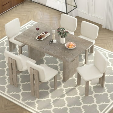 7-Piece Dining Tables Set for 6, Retro Kitchen Rectangular Table with 6 Upholstered Chairs for Dining Room, Living Room, Kitchen, Natural Wood Wash