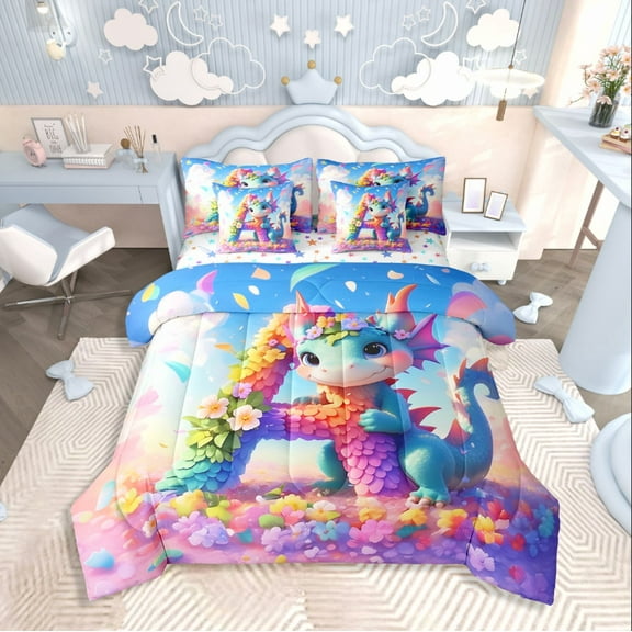 7 Piece Dinosaur Twin Bed in a Bag for Cute Cartoon Animal Bedding Sets Kawaii Dinosaur Comforter Set with Sheets Rustic Floral Print Bed Set Lovely Pink Purple Gradient Sheets
