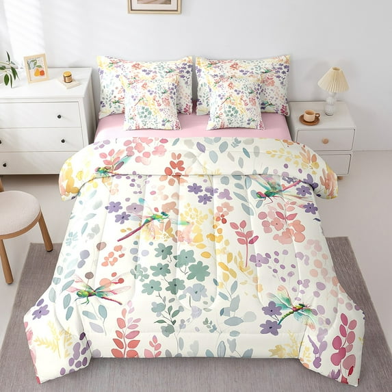 7 Piece Dragonfly Full Comforter Set,Colorful Floral Dragonfly Bedding Set,Watercolor Flower Bed in a Bag Rustic Country Wildlife Animal Bed Set with Fitted+Flat Sheet+Pillowcases