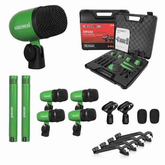 7 Piece Drum Microphone Kit with Metal Instrument Mics, Wired XLR Recording Set for Bass Drum, Snare, Toms and Cymbals, Cardioid Pickup Pattern, Studio and Live Performance Audio