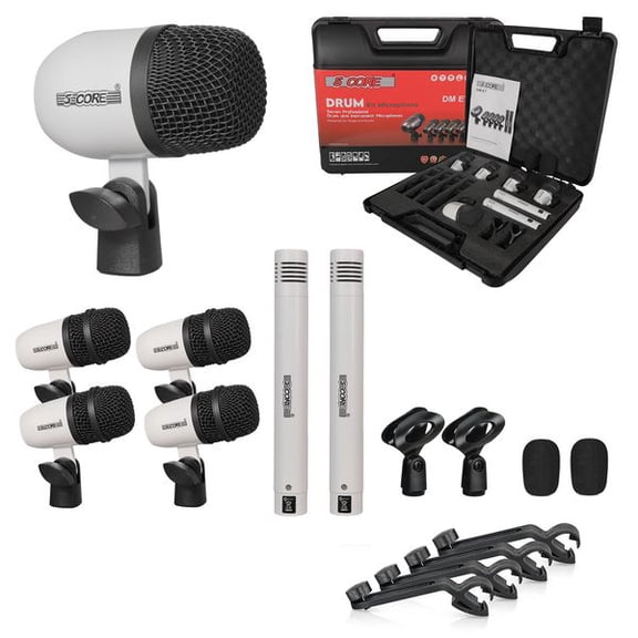 7 Piece Drum Microphone Kit with Metal Instrument Mics, Wired XLR Recording Set for Bass Drum, Snare, Toms and Cymbals, Cardioid Pickup Pattern, Studio and Live Performance Audio