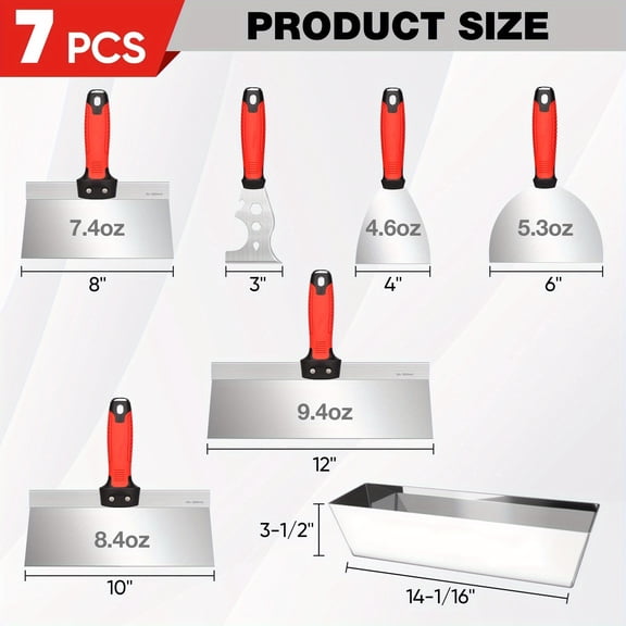 7-Piece Drywall Tool Kit: Stainless Steel Putty & Taping Knives, Painter Scraper, 12" Mud Pan for Taping, Finishing, Patching