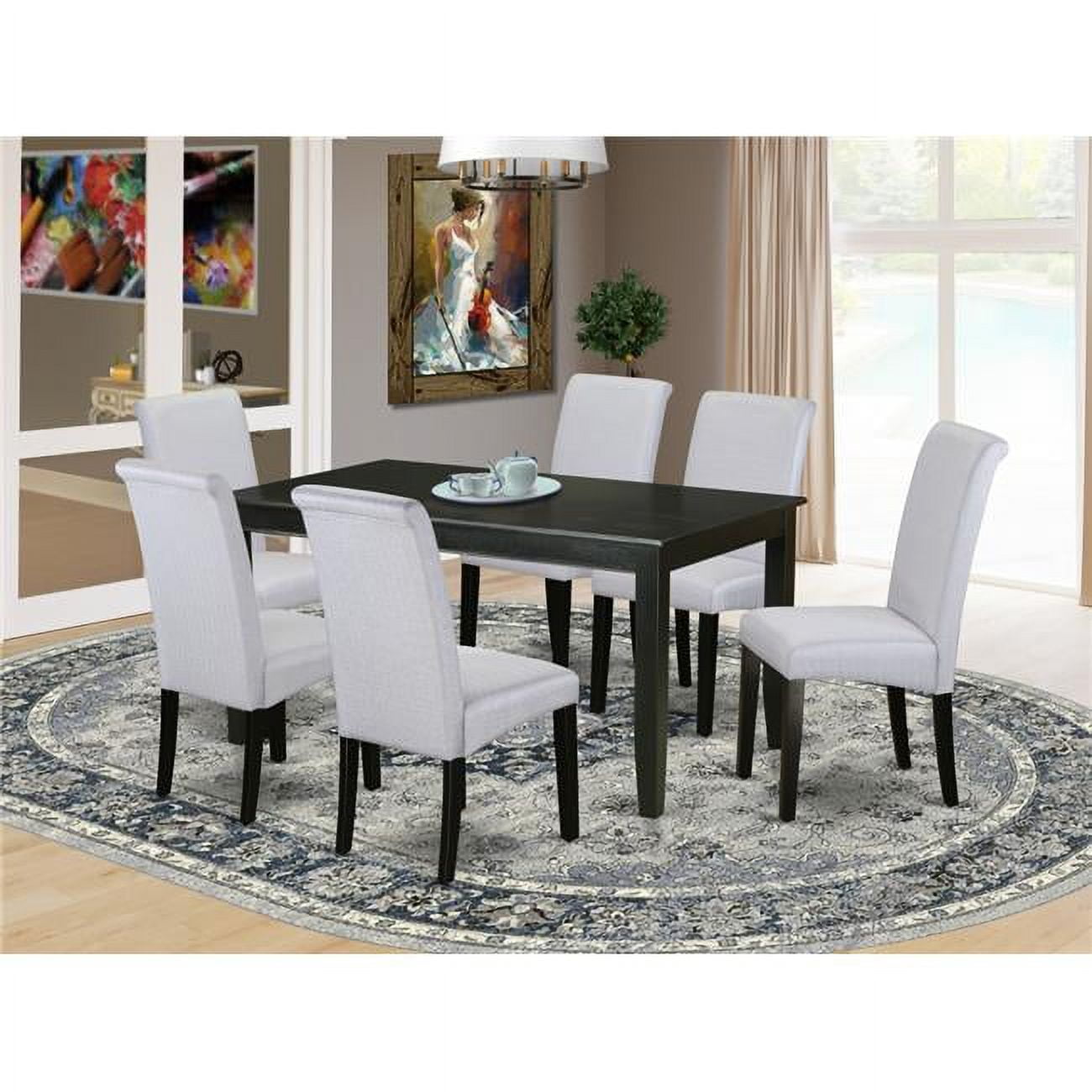 7 Piece Dudley Dining Table with Linen Grayish Blue Fabric Parson