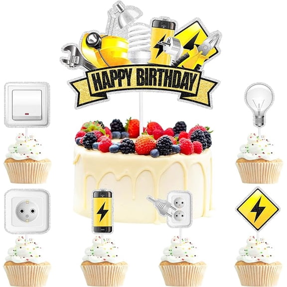 7 Piece Electrician Cake Toppers Power Lineman Happy Birthday Decorations for Electricity Theme Party